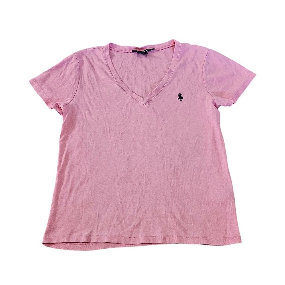 Ralph Lauren Sport Pink V-Neck Cotton T-Shirt Navy Pony Women XL Short Sleeve